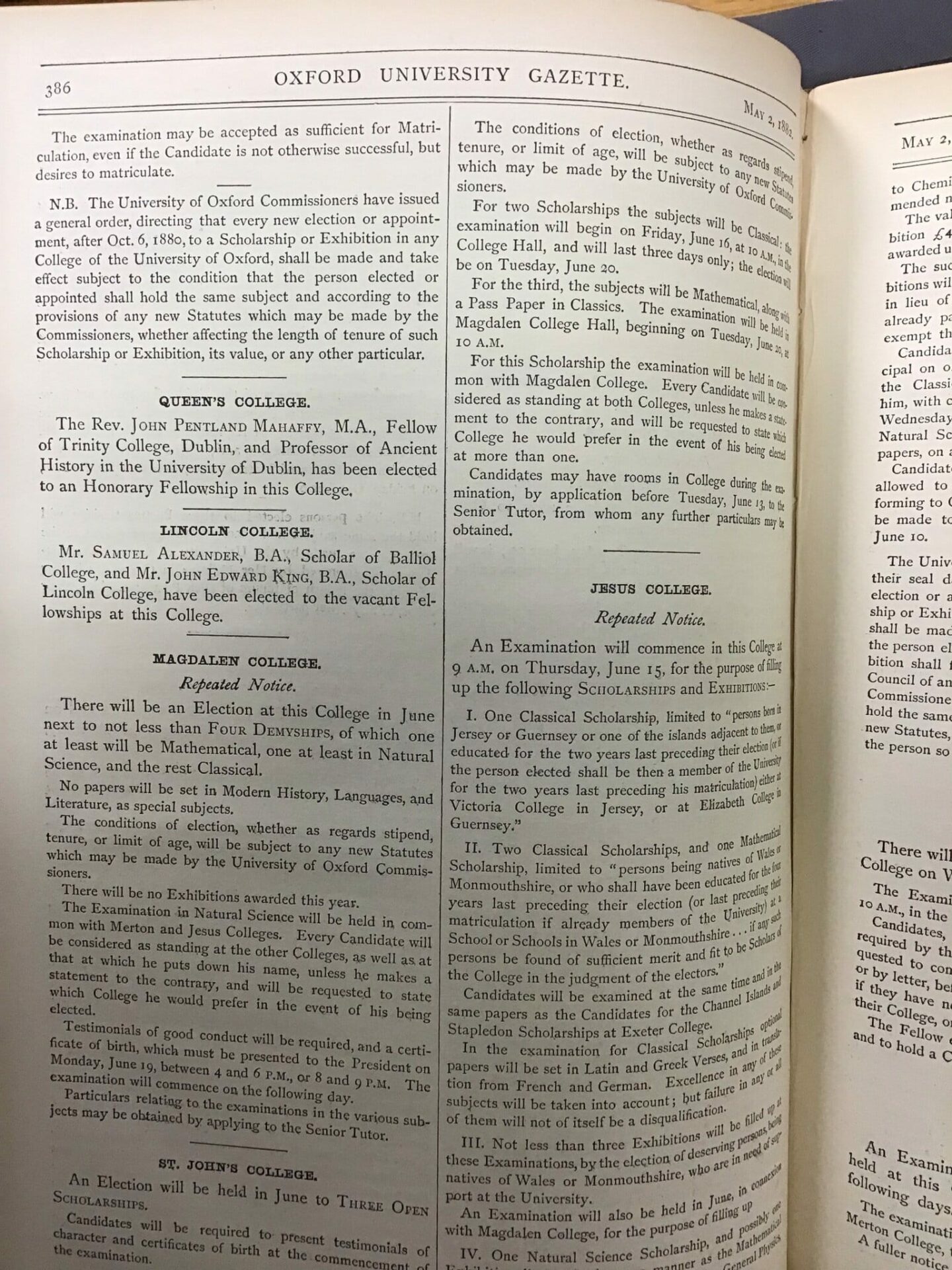 Page from the Oxford University Gazette, from May 2, 1882, featuring notices from Queen's College, Lincoln College, Magdalen College, St. John's College, and Jesus College. The Lincoln College notice reads: "Mr. Samuel Alexander, B. A., Scholar of Balliol College, and Mr. John Edward King, B.A., Scholar of Lincoln College, have been elected to the vacant Fellowships at this College.