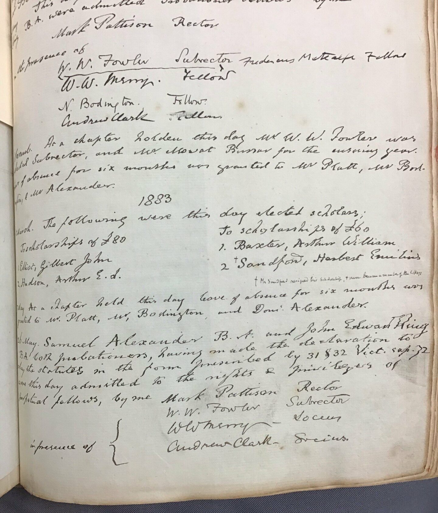 Part of a page from the Lincoln College Register, featuring the name of the Rector Mark Pattison on top, followed by a couple of lists of appointments, the second from 1883. The bottom paragraph describes the admission of Samuel Alexander and John Edward King to the privileges of perpetual fellows by the Rector.