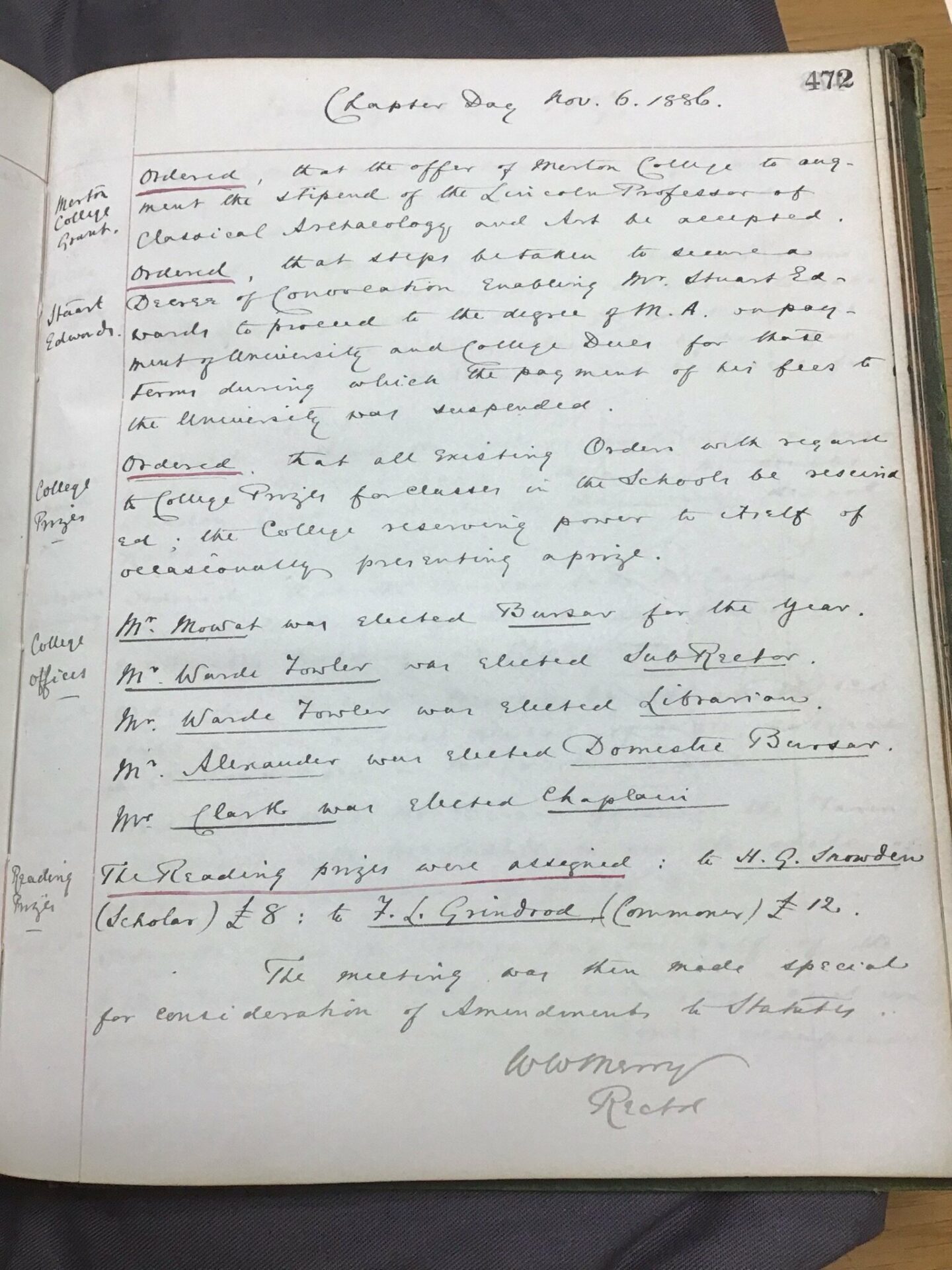 Page from the Lincoln College Order Book, from Chapter Day , November 6, 1886, Among the notices is a list of college officers, including the statement 'Mr Alexander was elected Domestic Bursar'.