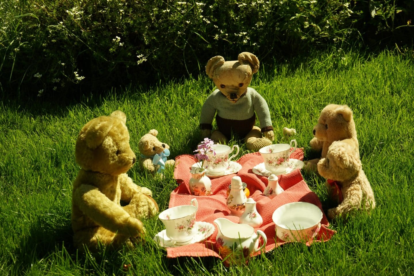 Six teddy bears having a picnic on the grass