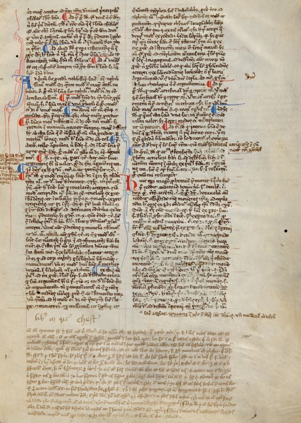 Photo of a page from Thomas Aquinas' manuscript with handwritten notations added to the text.