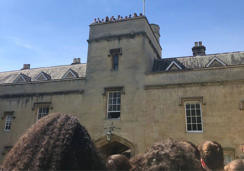 Photo of choir looking down on Front Quad from the tower