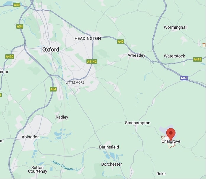 Map of Oxford and surrounding areas, with a pin marking out Chalgrove to the south-east