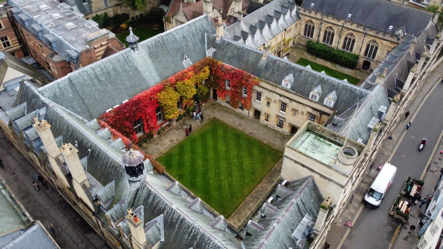 Aerial shot of Lincoln College, with Front Quad prominent