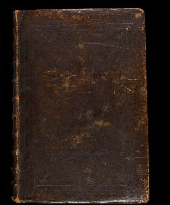 Aged brown leather front cover of the Wycliffite Bible