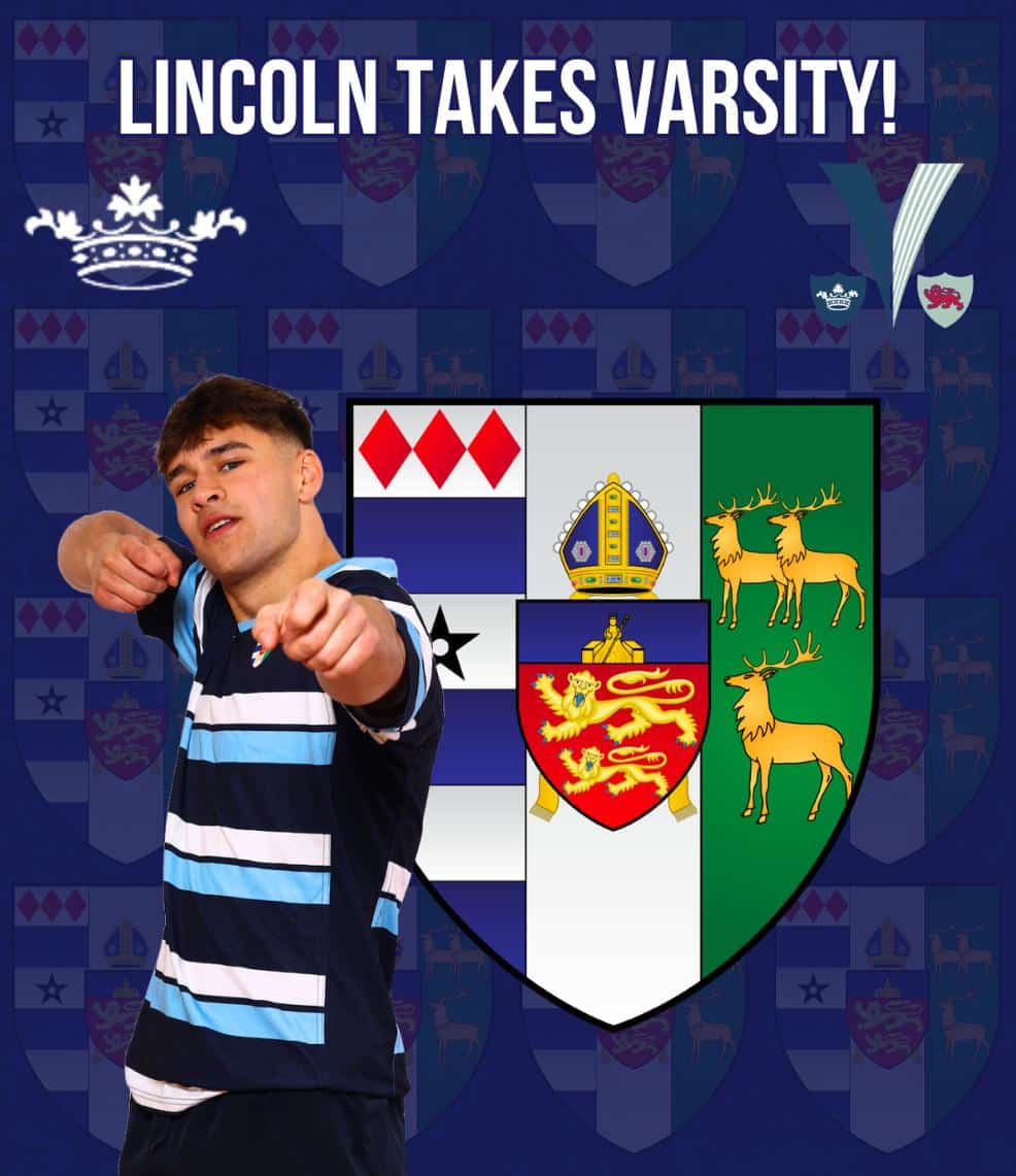 Photo of Harry Bridgwater in Oxford Blues rugby kit, standing in front of the Lincoln crest