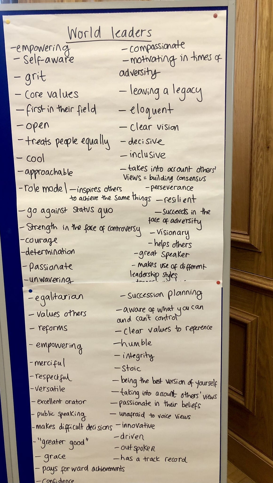 Flip chart with a list of the characteristics of world leaders written on white paper