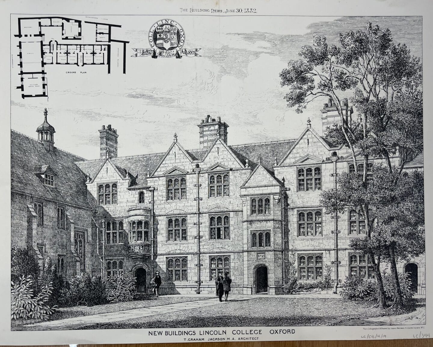 1882 architectural engraving of Lincoln College’s ‘New Buildings’ by T. G. Jackson, published in The Building News. Includes floor plan and detailed Gothic-style façade with figures in academic dress.