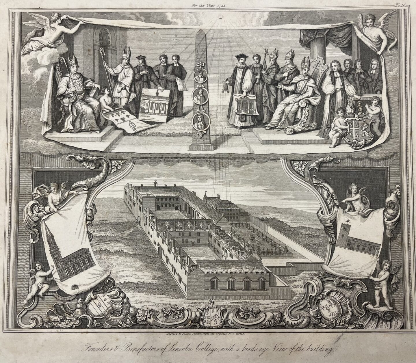 1743 Oxford Almanack engraving of Lincoln College, showing a bird’s-eye view of the College buildings. Illustrated scenes of founders and benefactors surround the central layout, including the rebus of Thomas Beckington.