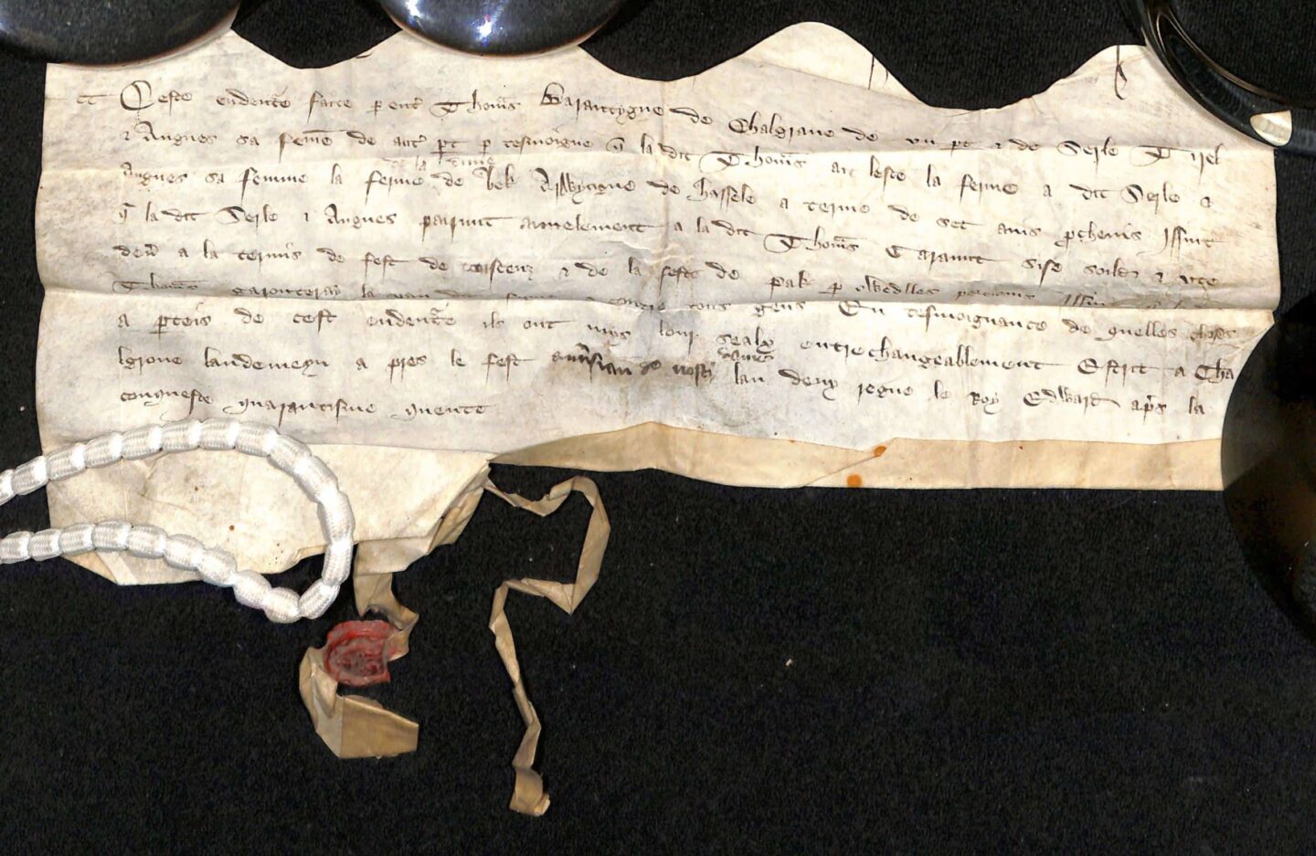 the lease of a farm in Chalgrove from Thomas Barantygne of Chalgrove to Serle Tirel and his wife Augnes from 1372