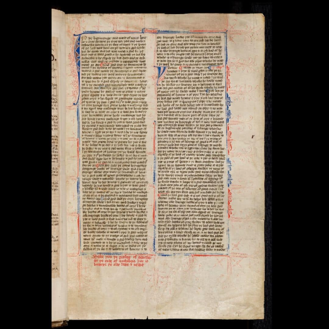 Photo of colourful manuscript page on yellowed parchment