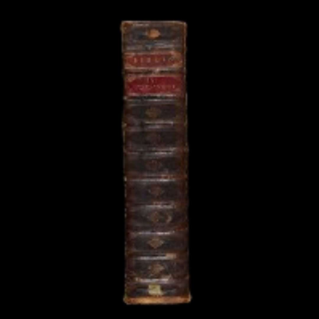 Photo of aged brown leather spine of the Wycliffite Bible