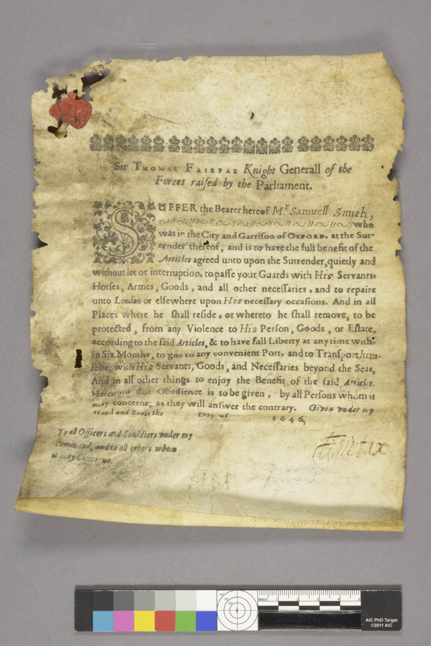 Early proforma passport made out to Mr Samuel Smith, signed in 1646 by signed by Sir Thomas Fairfax, 'Generall of the Forces raised by the Parliament'.