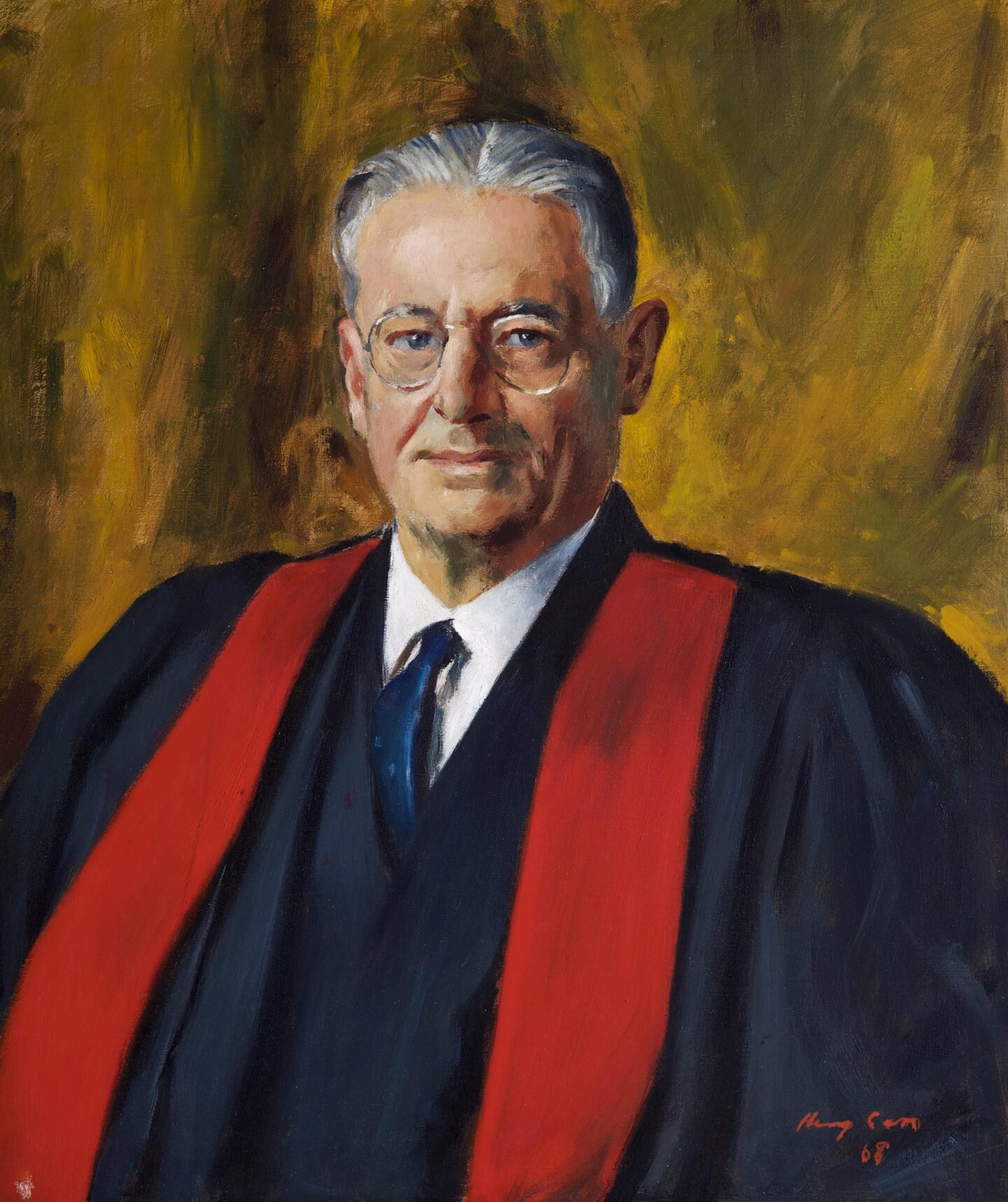 Portrait of Howard Florey in a suit and red gown