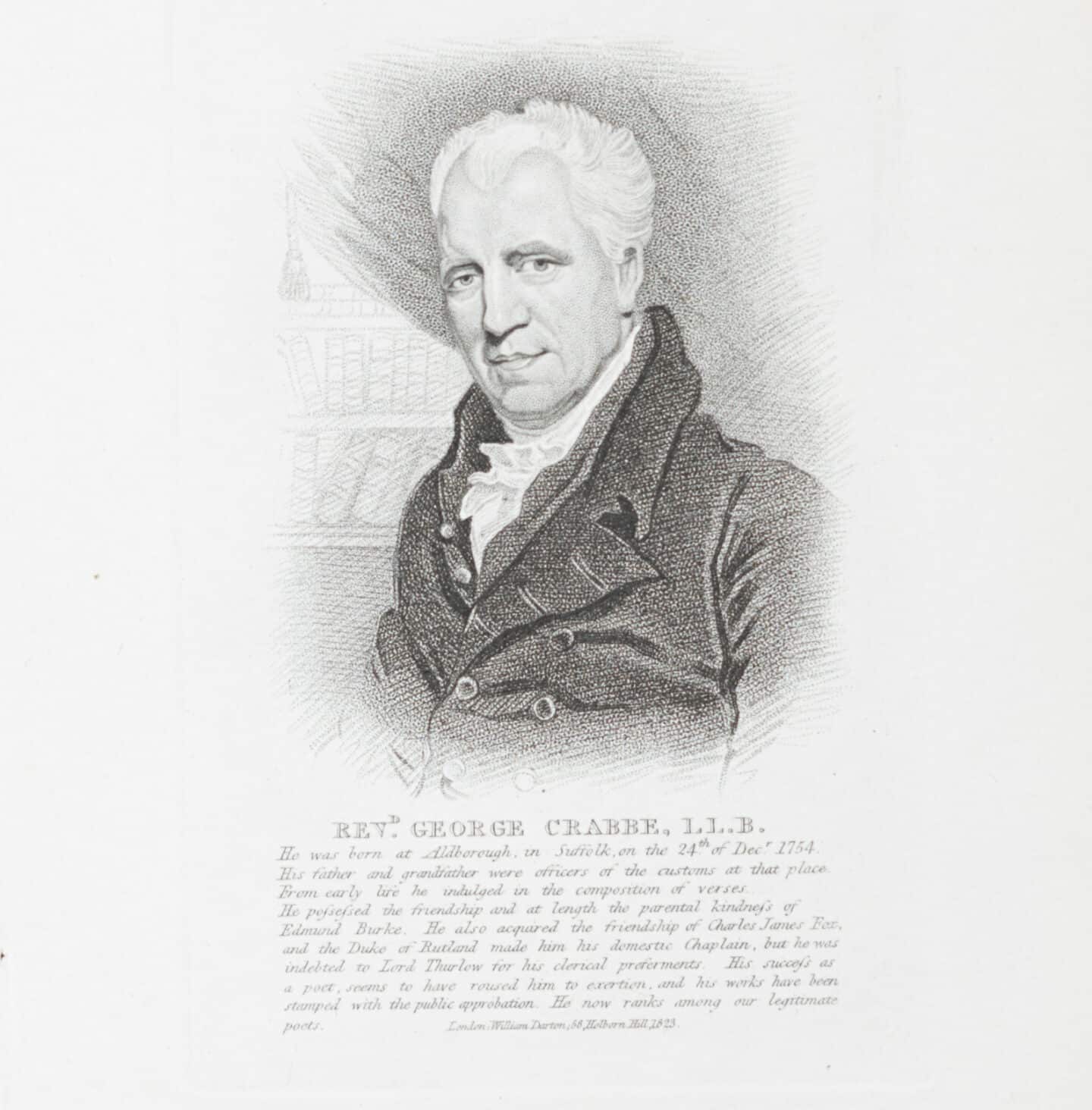 Black and white sketch of Rev. George Crabbe, LL.B., with a brief biography