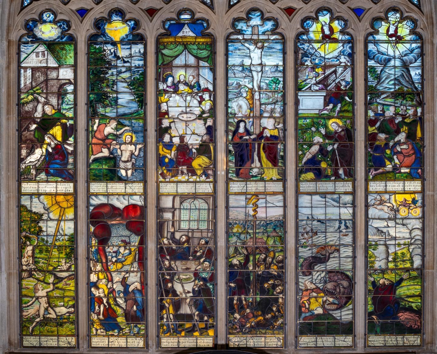 The East Window in Chapel, featuring six scenes from the Old Testament and six scenes from the New Testament