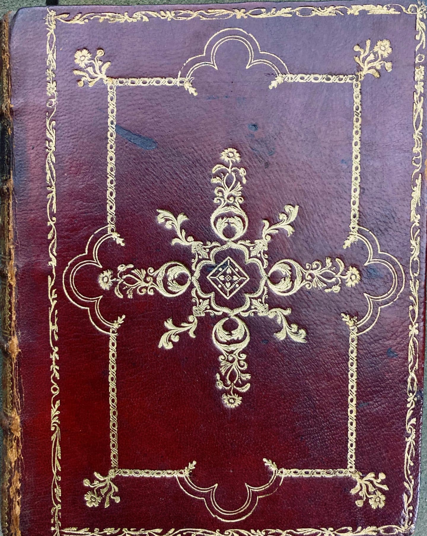 Brown binder cover of a book with etchings of daffodils