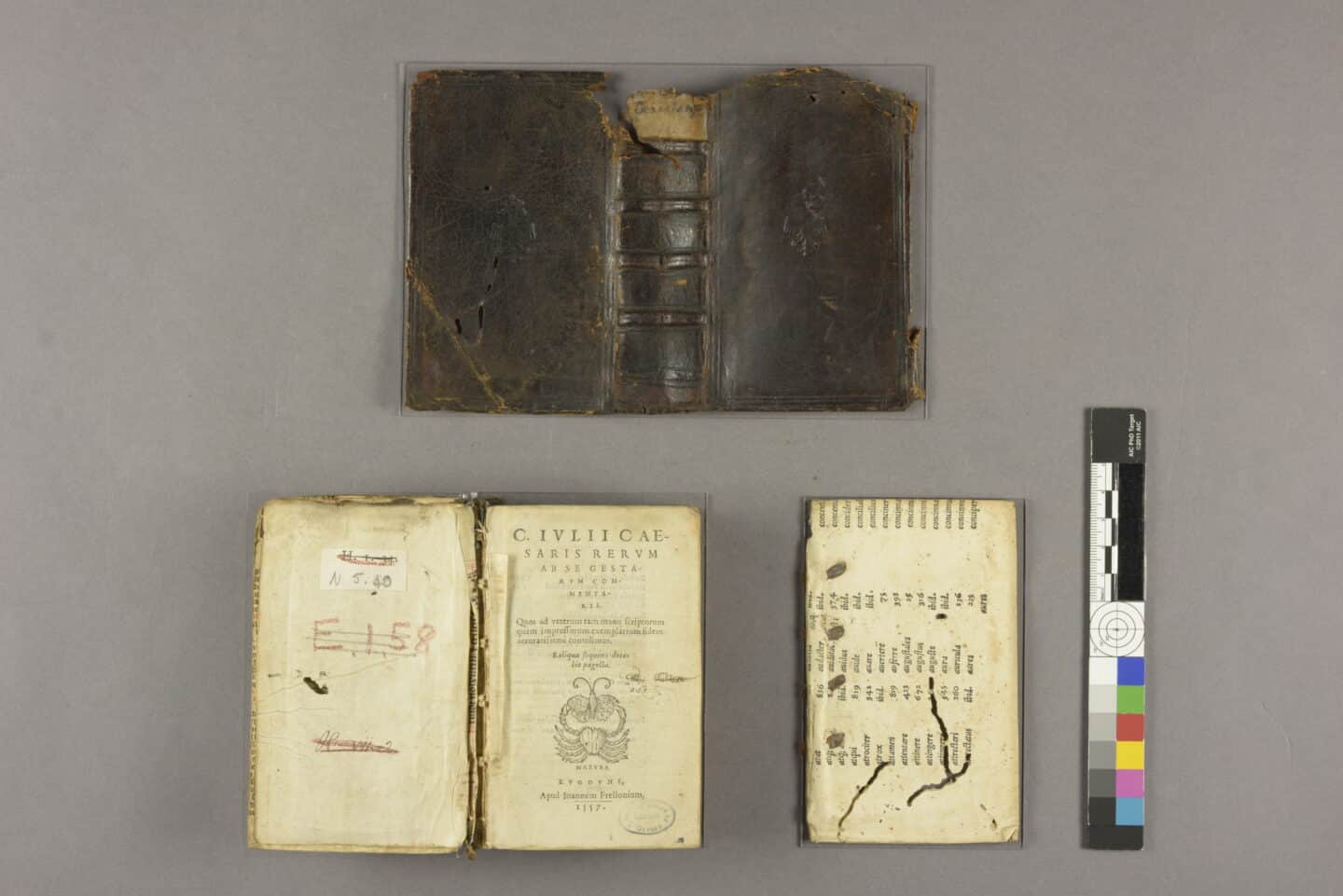 Three sections of a disbound book, including its damaged leather cover and some pages are laid out