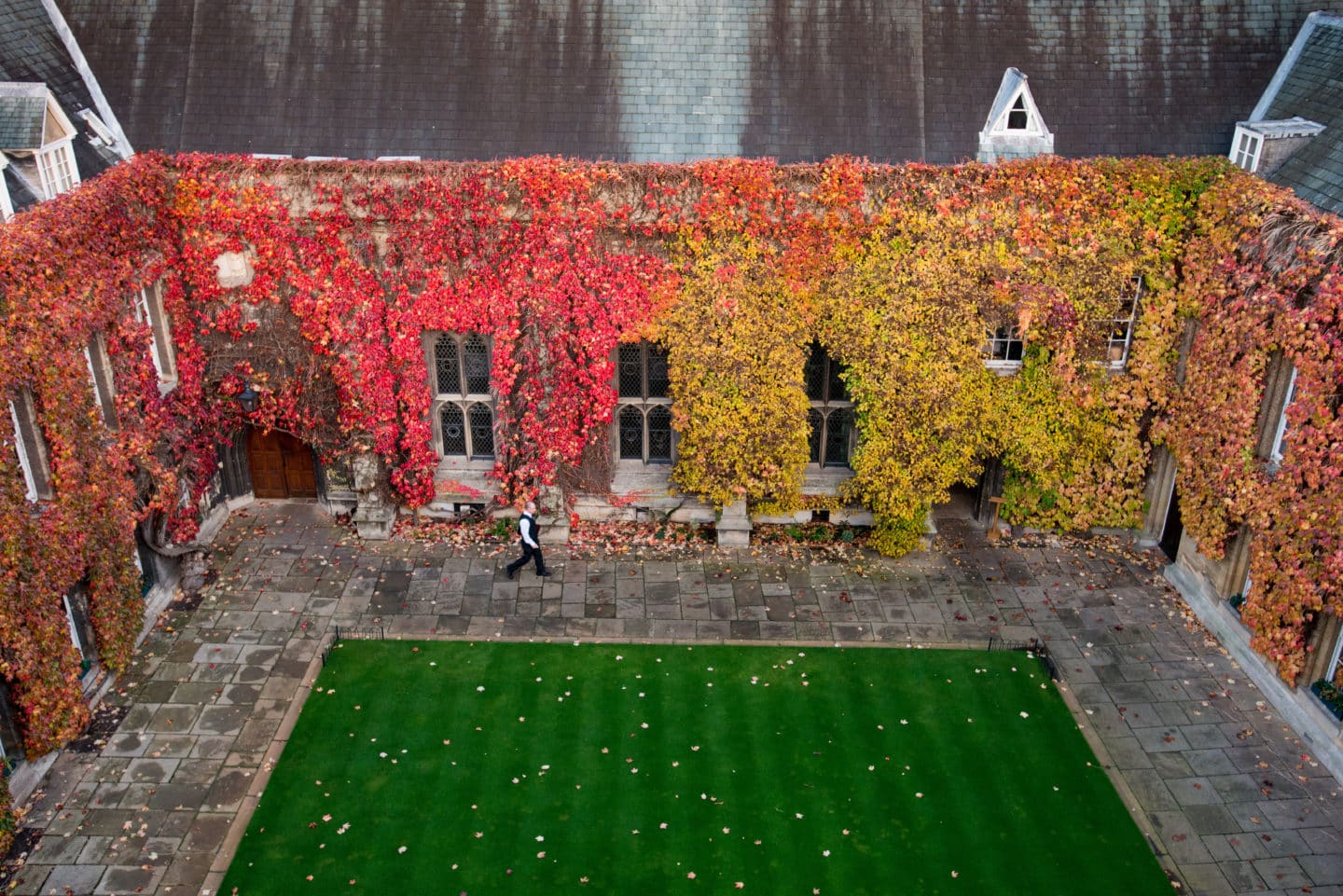 A butler walking through Lincoln College Front Quad, covered in yellow and red autumnal ivy