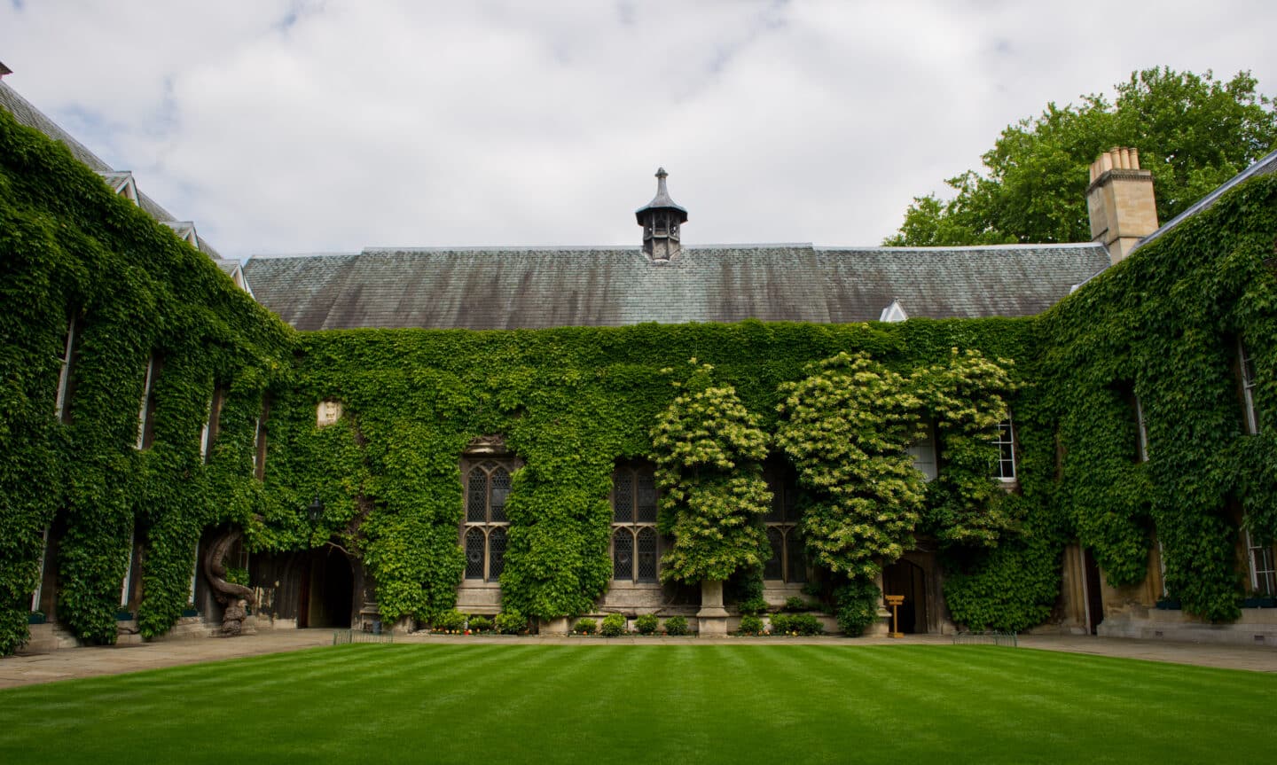Front Quad of Lincoln College on a cloudy day, the lawn and ivy beautifully bright green