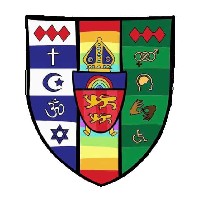 Logo of Lincoln Unites - the general shape of the Lincoln College crest with added symbols - on the left are symbols of different religions in blue and white, in the middle is the rainbow Pride Flag, and on the right are a gender symbol, a picture of a brain, a symbol for sign language and of a wheelchair