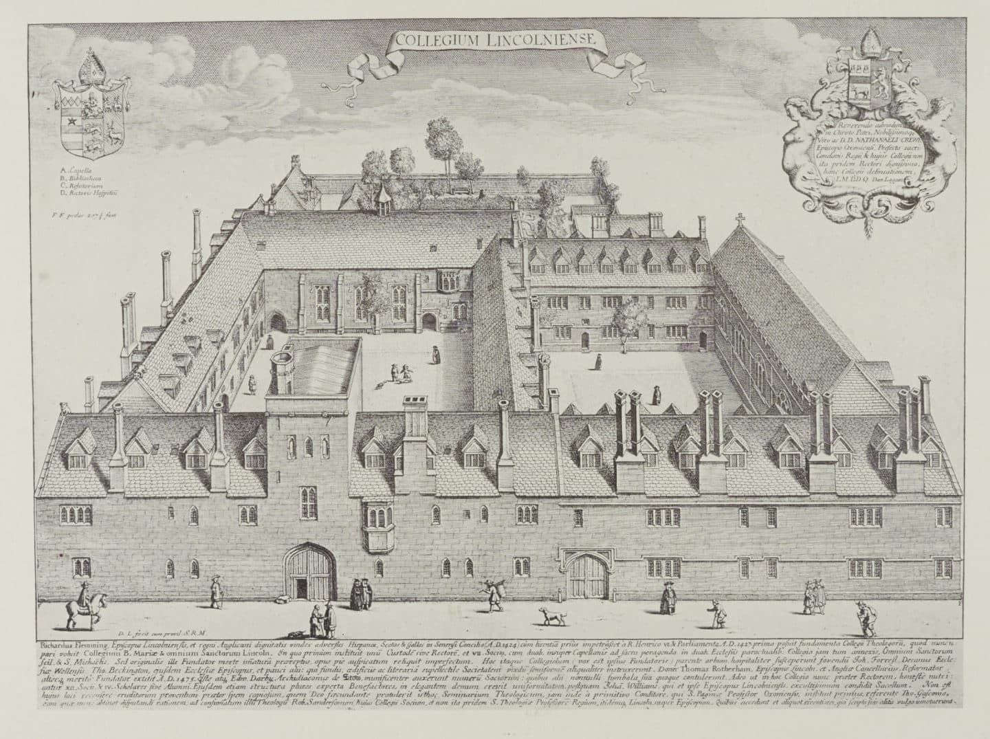 Engraving of Lincoln College depicting two quads, with people scattered all around inside and out.
