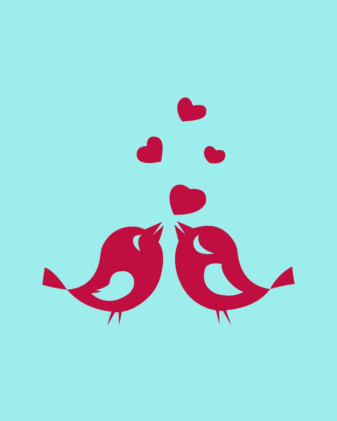 Graphic of two red birds and hearts