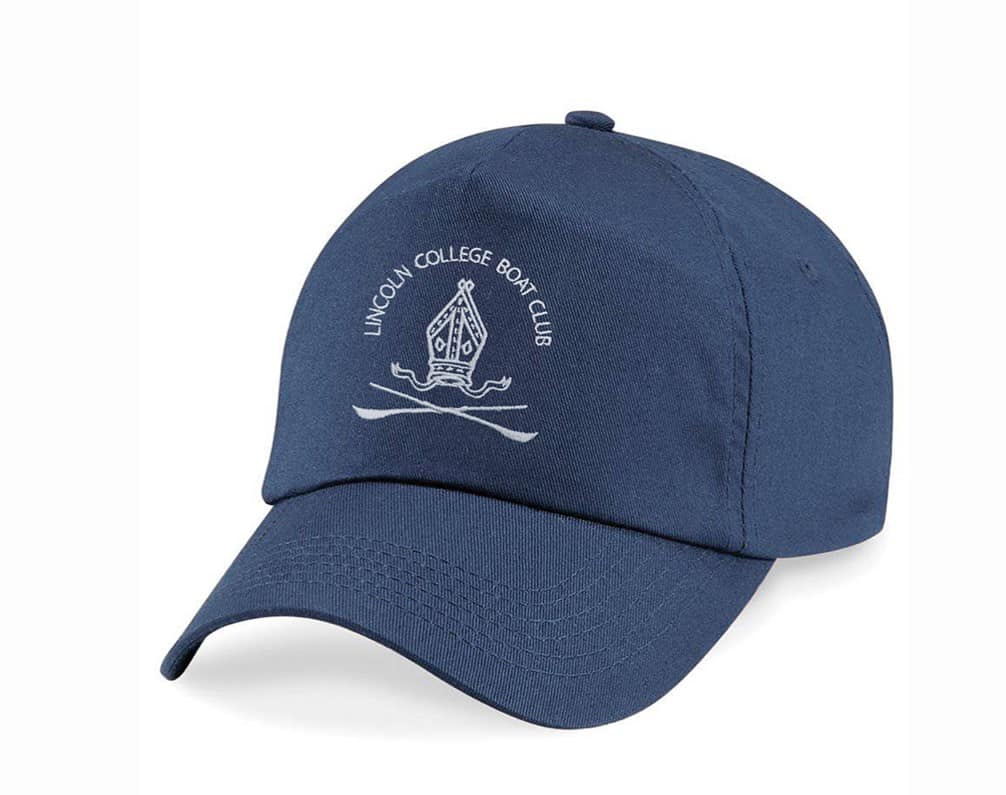 Blue cap with the crossed oars and mitre logo of the Lincoln College Boat Club