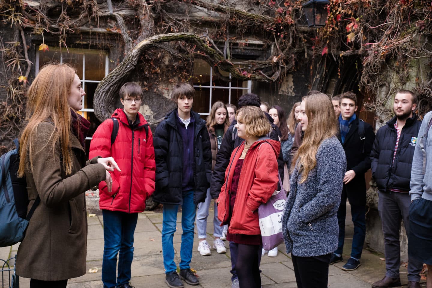 Schools Liaison Officer speaks to a school group on a tour of Lincoln College