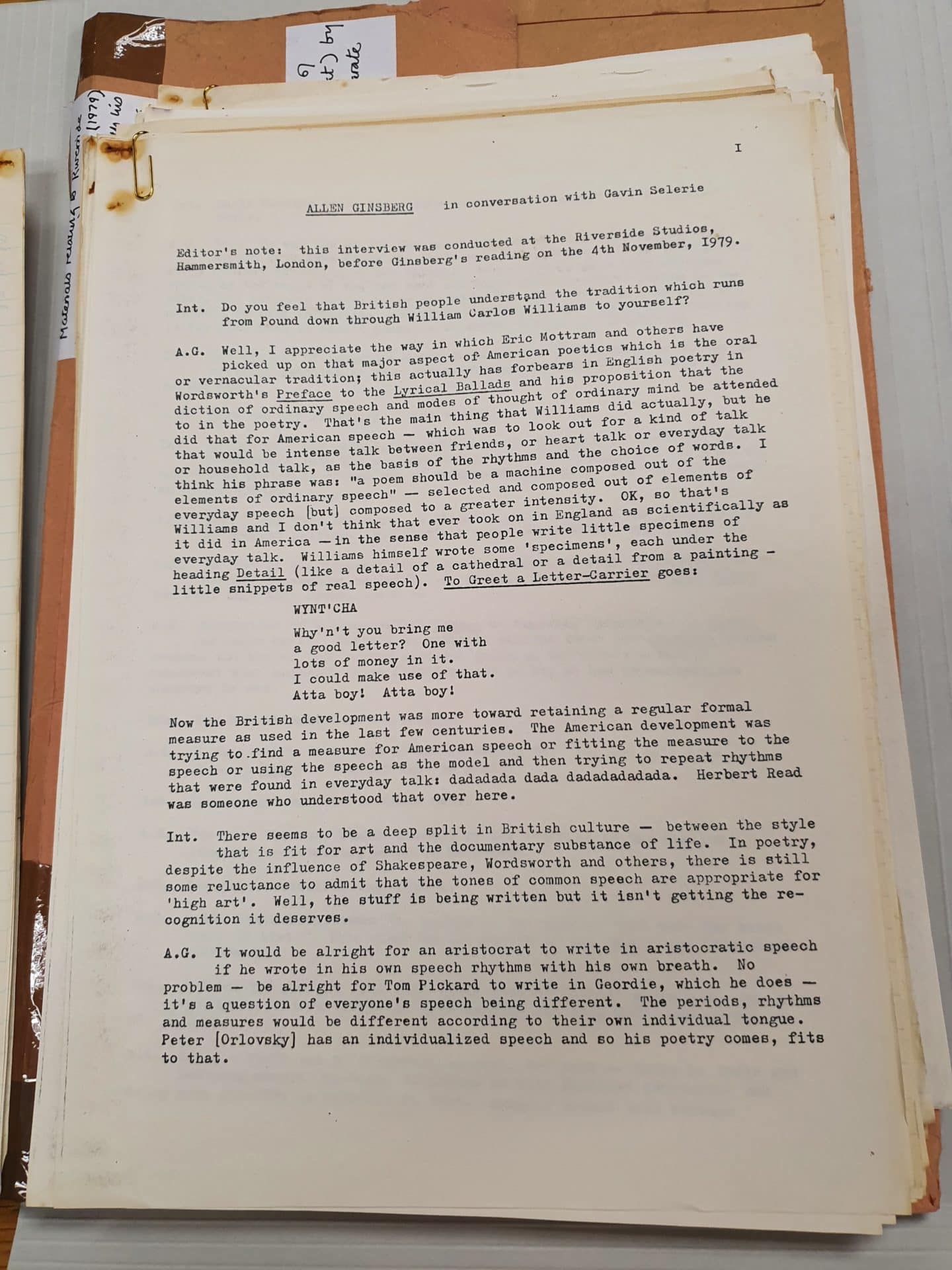 The first page of Gavin Selerie’s Riverside Interview with Allen Ginsberg