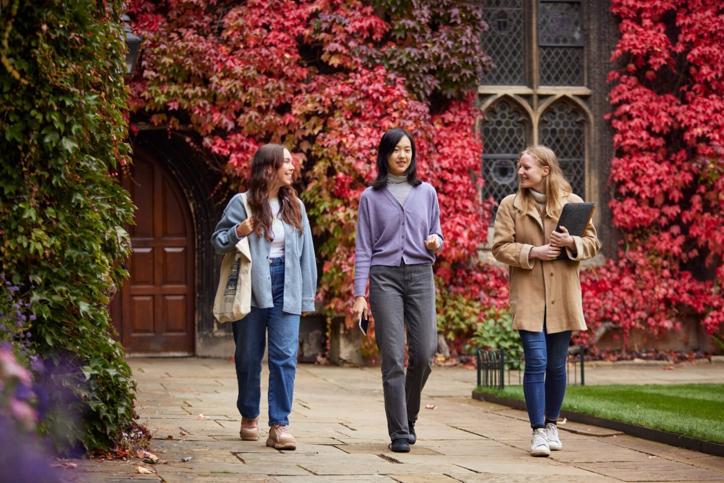 Three students walking in Front Quad, with bright red ivy in the background