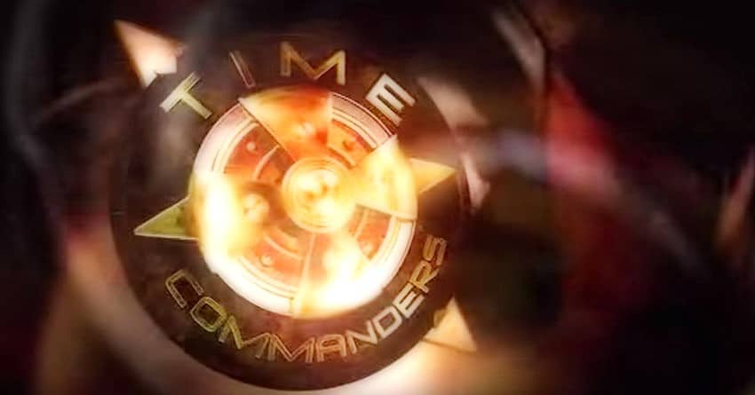 Logo of the TV series ‘Time Commanders’, featuring a stylised glowing star and compass design with the title ‘Time Commanders’ in bold letters around it, set against a dark, dramatic background.
