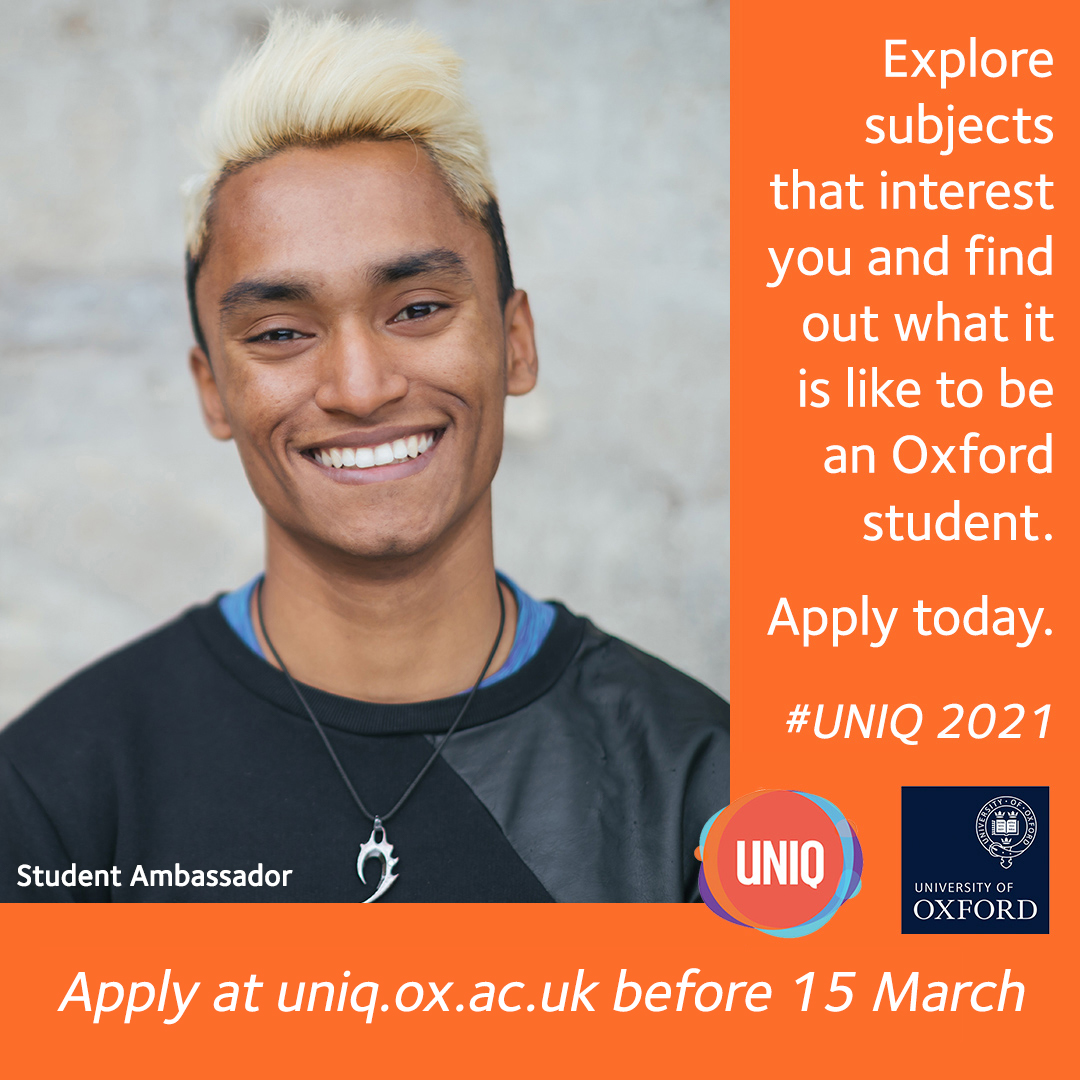 Photograph of a UNIQ student ambassador. Explore subjects that interest you and find out what it is like to be an Oxford student. Apply today. #UNIQ2021. Apply at https-uniq-ox-ac-uk-443.webvpn.ynu.edu.cn before 15 March