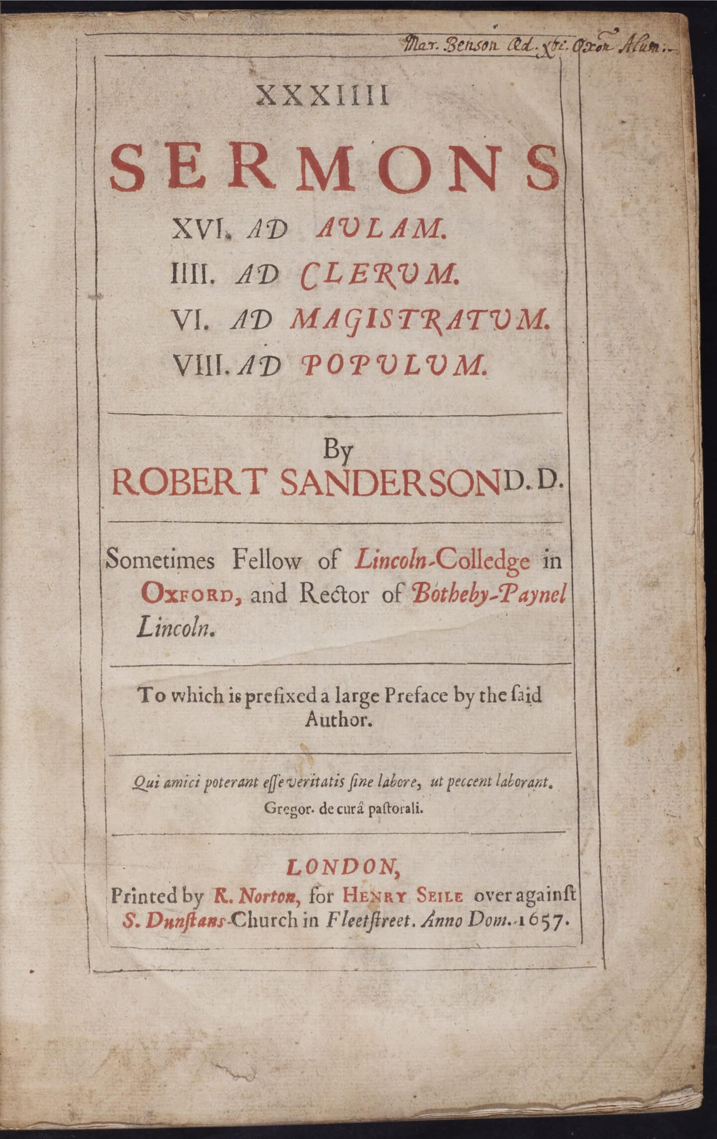 Title page of 'Sermons' by Robert Sanderson