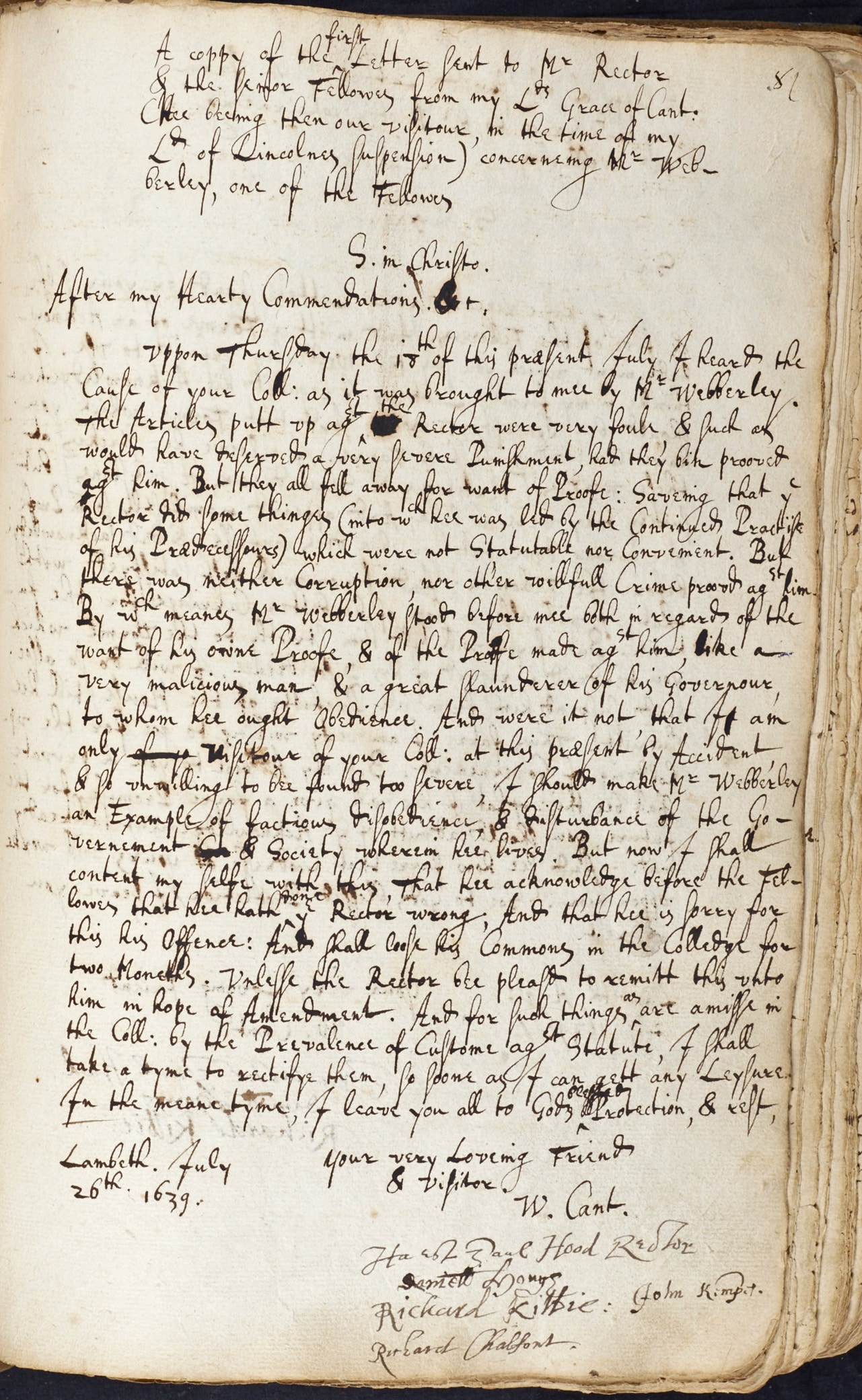 Page of an old book depicting a handwritten letter dated July 26 1639, from Lambeth.