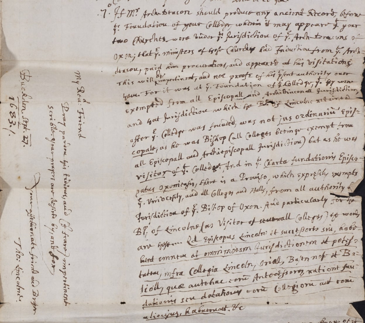 An excerpt of a letter dated 27 September 1683 from the Visitor to Rector Marshall regarding the freedom of the parishes of All Saints and St Michael at the Northgate from Oxford episcopal jurisdiction.