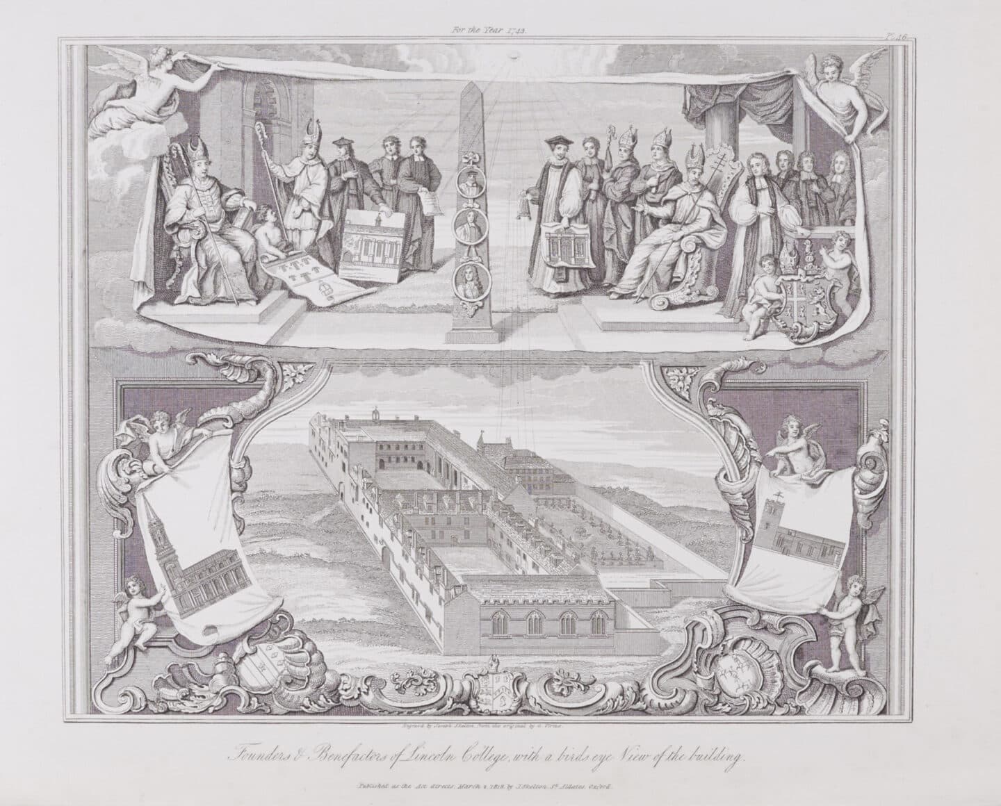 Engraving featuring a view of Lincoln College and its Oxford livings of All Saints and St Michael at the Northgate, first published in 1743 in the Oxford Almanack. Titled 'Founders & Benefactors of Lincoln College, with a birds eye view of the building'